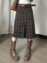 Vintage Plaid High Rise Slit No Belt Midi Skirt